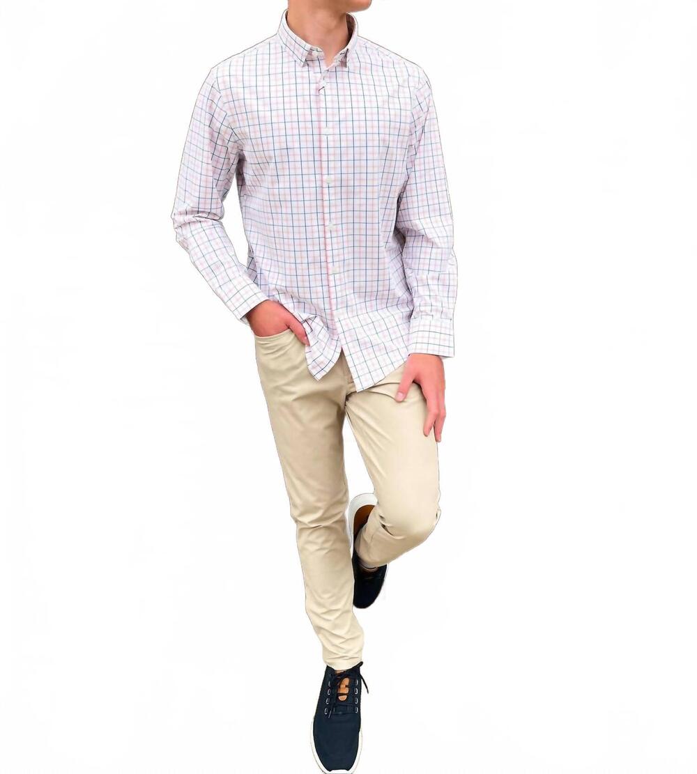 NEW MIZZEN + MAIN leeward no tuck long sleeve dress shirt in true pink plaid